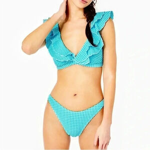 Lilly Pulitzer Blue White NWOT Women’s Aelin Crinkle Gingham Bikini Top Size 12